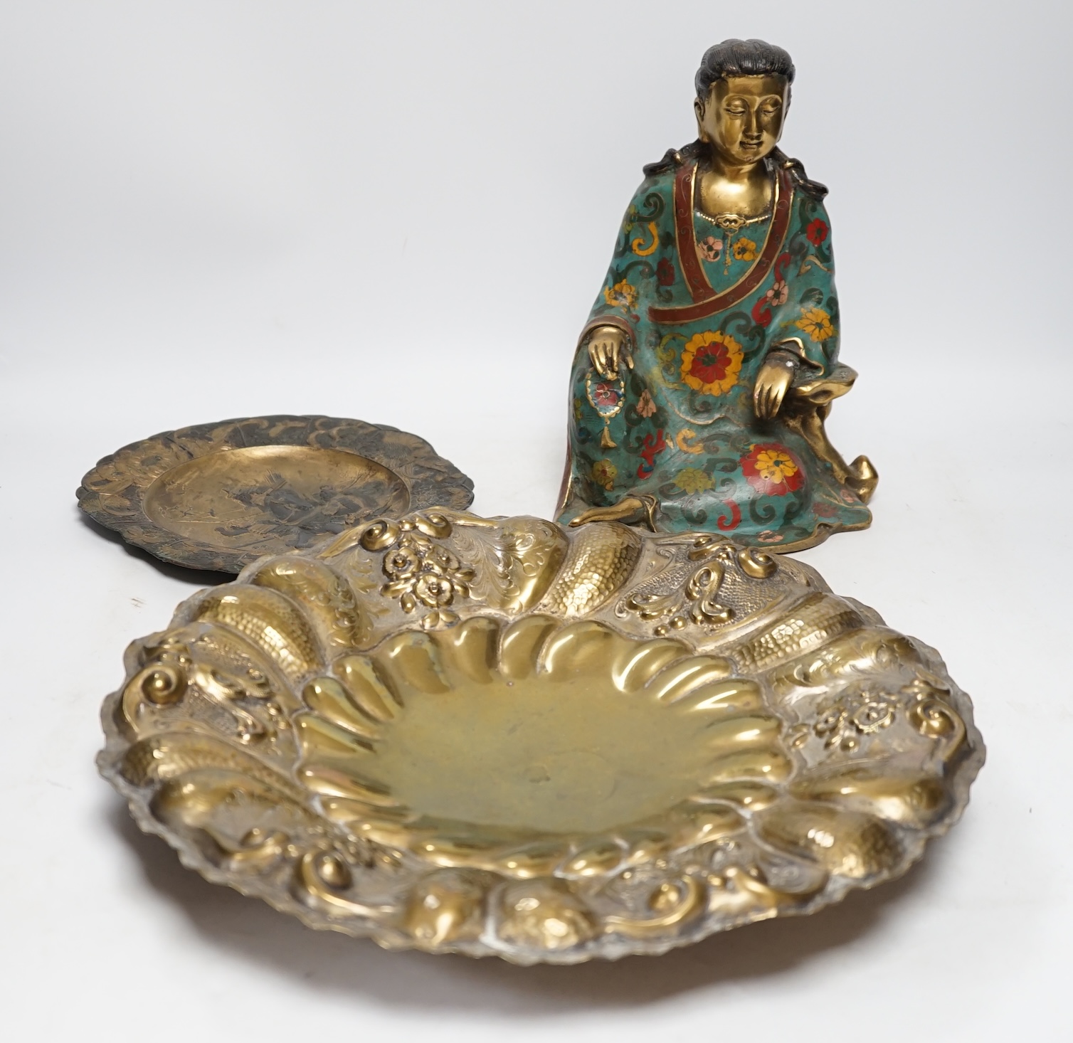 A Chinese cloisonné enamel figure, a Japanese and antimony dish and a large Continental gilt metal dish, figure 26.5cm high. Condition - poor to fair